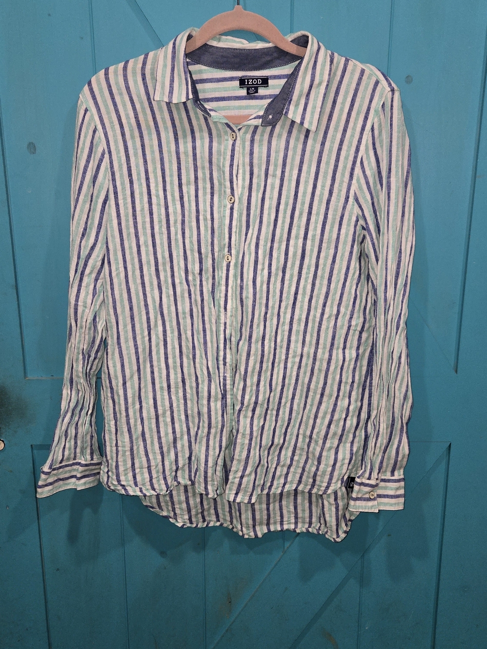 IZOD Striped Button-Down Shirt in Blue and Green